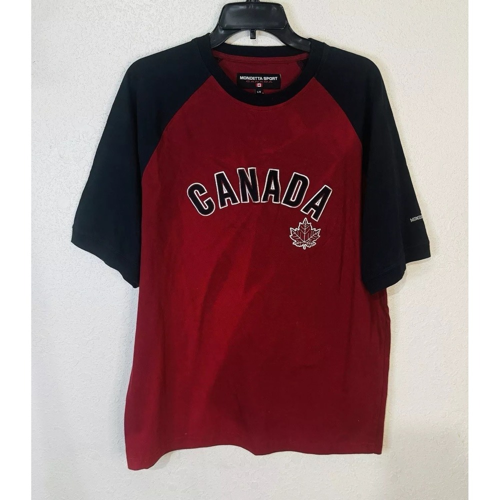 Mondetta Resort Vancouver Canada Mens Shirt L‎ Red Embroidered Flag Spellout NWT